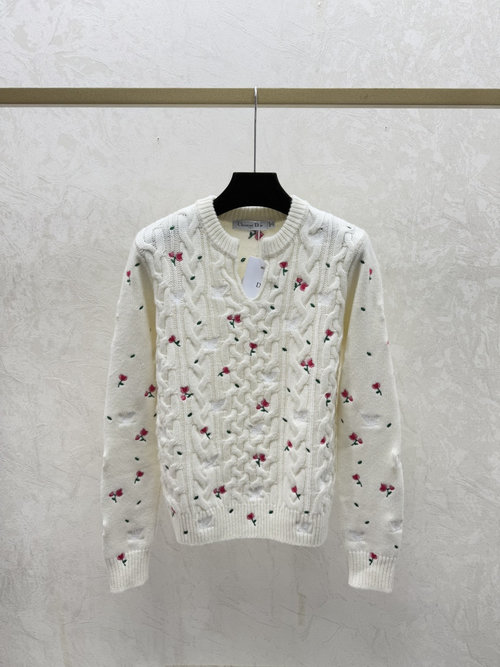 Dior Contrasting-Color Floral Embroidery Round-Neck Knit Long-Sleeve in White