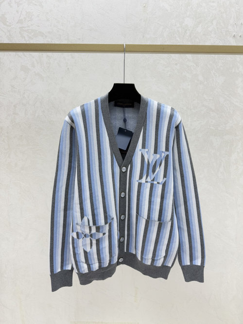 Louis Vuitton Grey Knit Long-Sleeve V-Neck Cardigan with Color-Blocked Stripes and Letters
