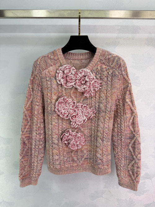 Dior Limited Edition Cinnamon Pastel Yarn Sweater with 3D Flowers