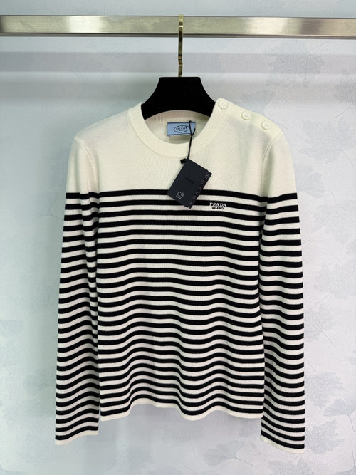 Prada Striped Round Neck Long-Sleeve Knitted Top with Embroidered Logo