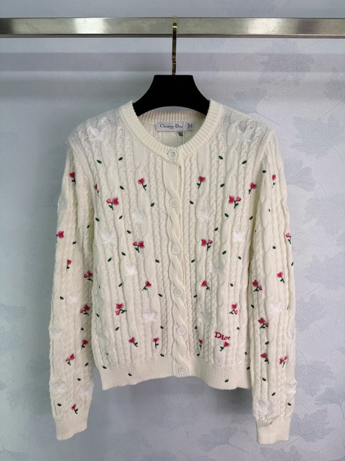 Dior Heavily Embroidered Rose Pattern Knitted Cardigan - Soft Cashmere Blend