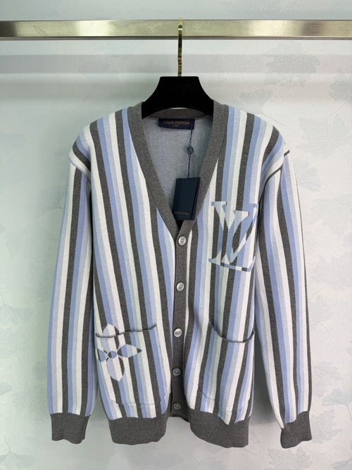 Louis Vuitton Striped Knitted Cardigan - V-Neck with Logo Embroidery for Versatile Elegance