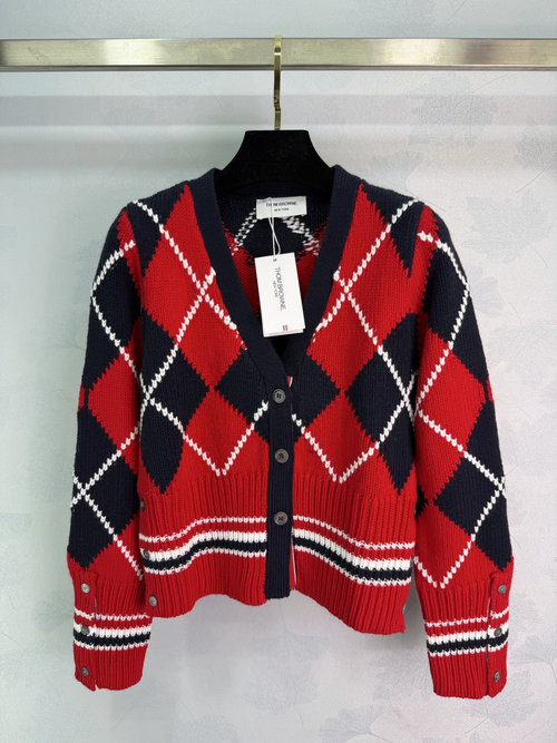 Thom Browne College Checked Knit Cardigan with Red-Black Diamond Pattern