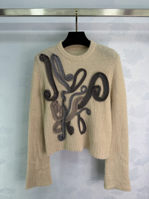 Louis Vuitton Artistic Embroidered Beige Knitwear with High-Quality Mohair Blend