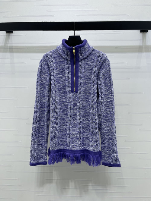 Louis Vuitton Half-Zip Purple Jacquard Fringe Sweater with Brand Emblem