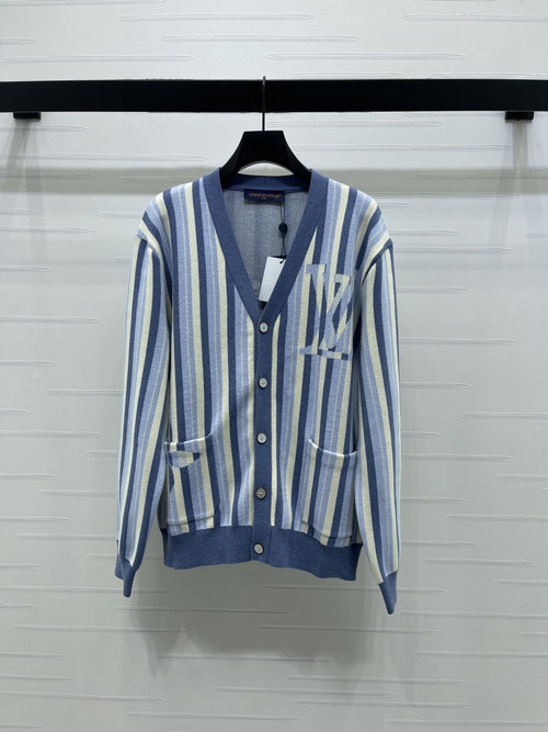 Louis Vuitton Striped Knit V-Neck Cardigan with LV Logo, Sophisticated Style