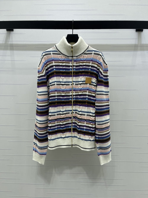 Louis Vuitton Stand-Collar Striped Zip Knit Cardigan, Elegant Stripes Design