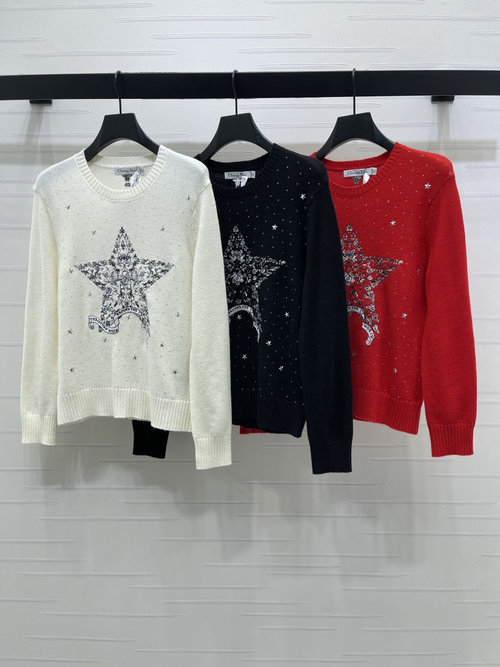 Dior Classic Collection Distressed Star Embroidery Pullover Sweater