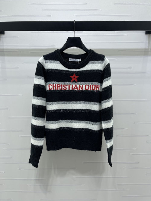 Dior Stylish Striped Knit Pullover with Star Logo, Custom Wool Blend