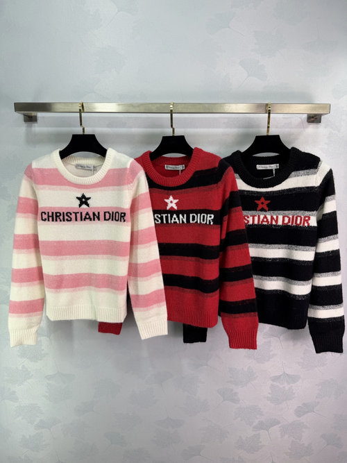 Dior Classic Striped Knit Sweater with Embroidered Letters and Stars, Comfortable Fit