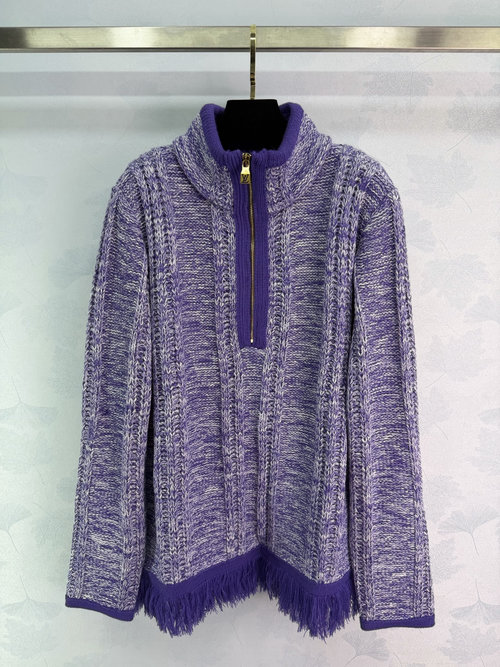 Louis Vuitton Purple Fringe Knit Sweater with Contrasting Stripes, Vertical Texture, Premium Quality