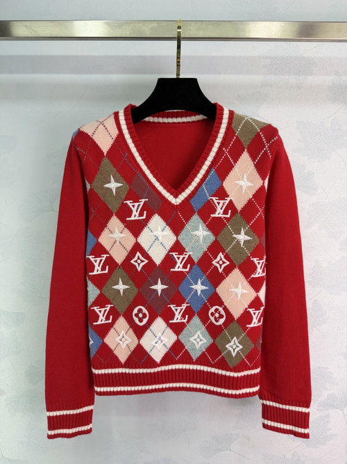 Louis Vuitton Classic Red Diamond Knit V-Neck Sweater with LV-Inspired Accents