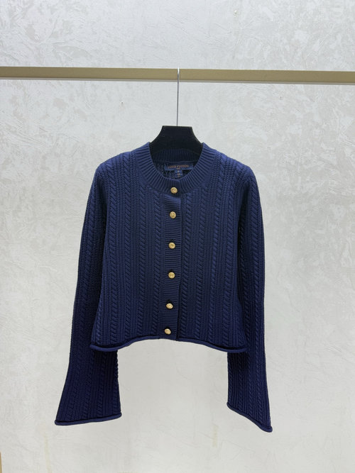 Louis Vuitton Royal - Blue Solid - Color Simple Round - Neck Knitted Long - Sleeved Cardigan