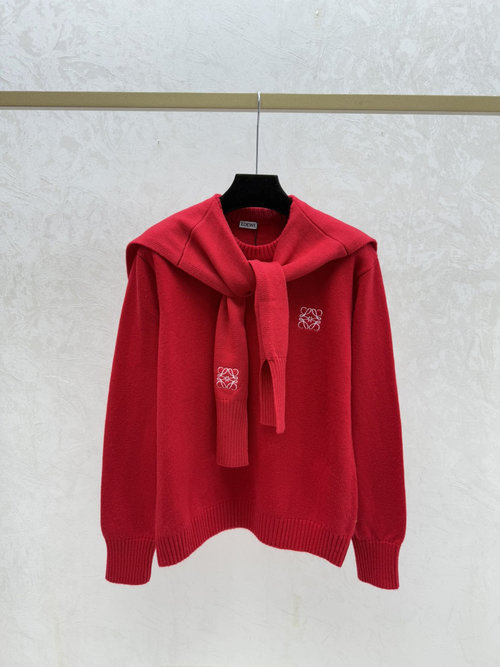 Loewe Red Solid Color Shawl Round-Neck Knitted Long-Sleeved Garment