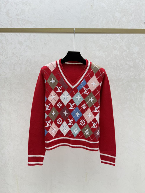 Louis Vuitton Red and Gray Contrast Checkerboard Letter V-Neck Knitted Long-Sleeved Garment