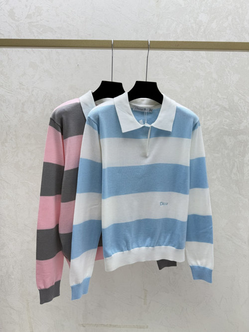Dior Striped Collared Knitted Long-Sleeve Top, Timeless Appeal