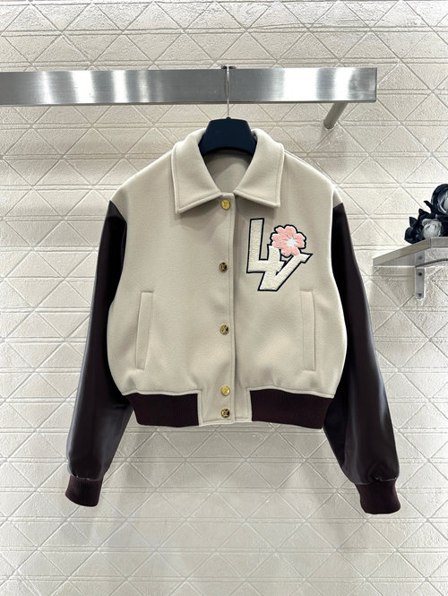 Louis Vuitton Custom Imported Leather-Patched Baseball Woolen Coat with Cherry Embellishment