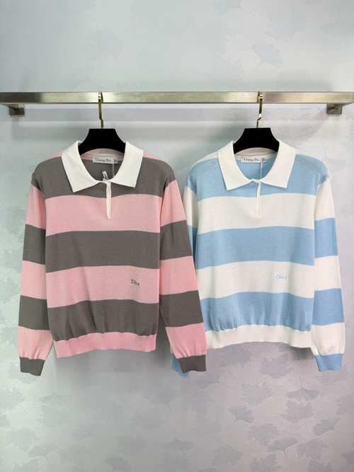 Dior Striped Polo Neck Knit Shirt with Color Blocking, Soft and Comfortable Fabric, Logo Embroidery