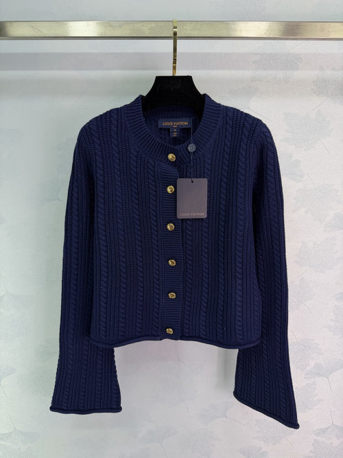 Louis Vuitton Navy Blue Braided Knit Cardigan with Gold Buttons and Compact Fit