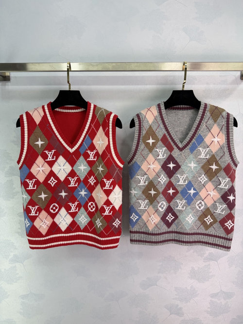 Louis Vuitton Red Diamond-Patterned Vest with LV Logo and Star Decorations