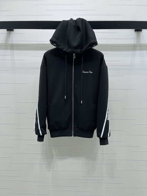 Dior Cotton Blend Hooded Zip-Up Jacket with Embroidered Logo