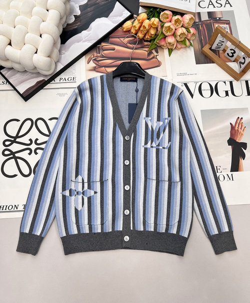 Louis Vuitton Striped Knit V-Neck Cardigan with Subtle Logo