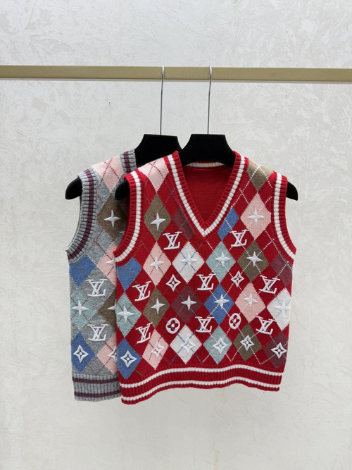 Louis Vuitton Spring Knit Vest with Contrasting Checker and Letter V - Neck
