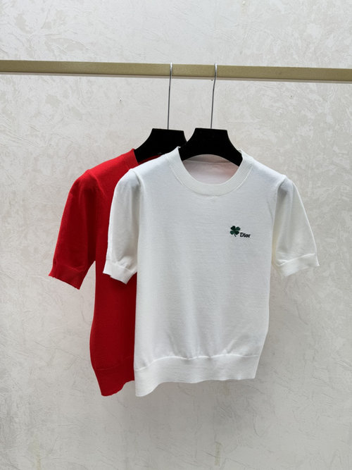 Dior Solid-color Simple Round-neck Short-sleeved Knitted Top in White and Red