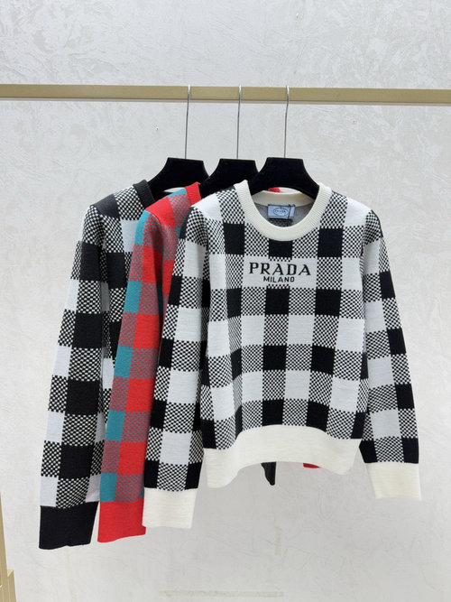 Prada Contrast Letter Checked Round Neck Long-Sleeved Knit in Multiple Colors