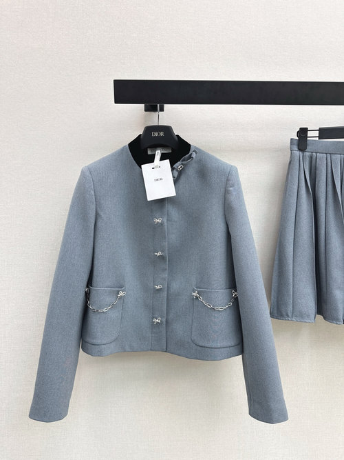 Dior Chic Contrast - Collar Jacket with Butterfly Decoration for Timeless Elegance