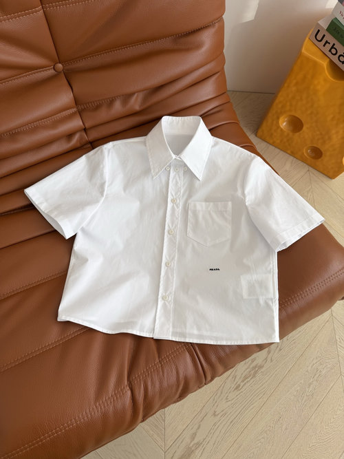 Prada Classic Short-Sleeve Shirt with Small Letter Logo Embroidery