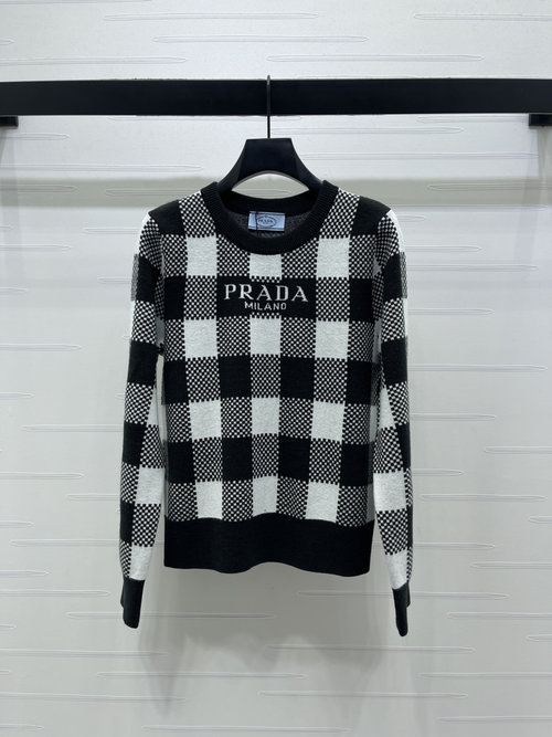 Prada Luxurious Checked Long - sleeve Knit Top, Soft and Stylish