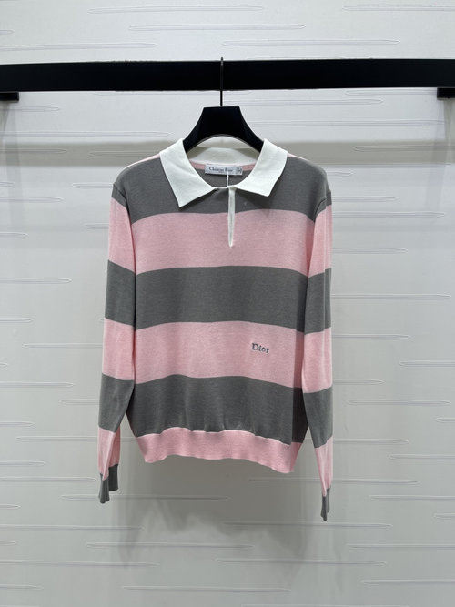 Dior Striped Collared Long Sleeve Knit Sweater