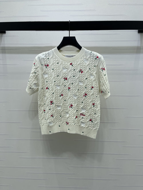 Dior Rose Floral Round Neck Short Sleeve Knitwear