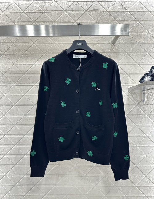Dior Customized Wool Knit Cardigan with Four-leaf Clover Embroidery