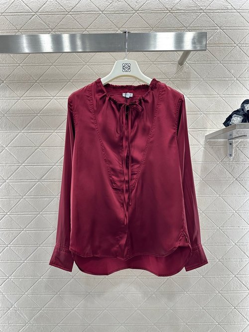 Loewe Satin Drawstring Shirt, White and Burgundy