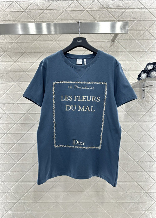 Dior Customized Cotton Blue-gray T-Shirt with Thorn-border Embroidery
