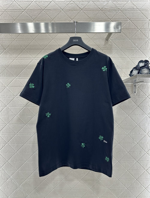 Dior Customized Cotton Round-neck T-Shirt with Four-leaf Clover Embroidery