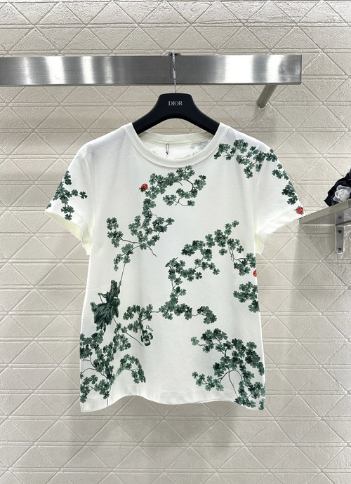 Dior All-cotton White Tee with Four-leaf Clover Logos, Lazy Style