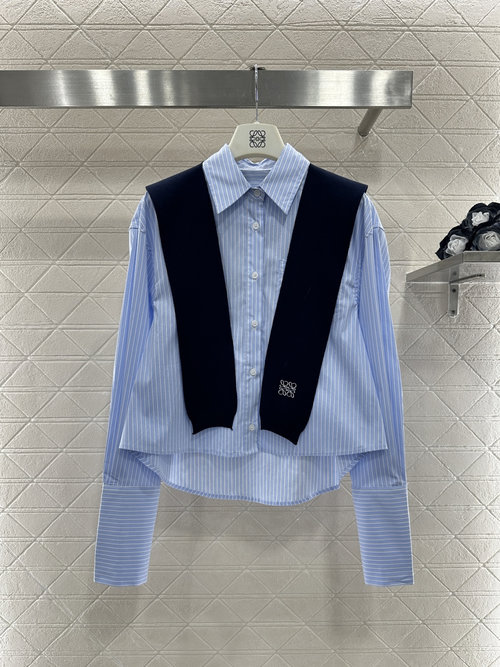Loewe Customized Cotton Striped Shirt with Shawl-Collar in Blue