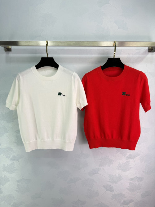 Dior Four-Leaf Clover Letter Logo Knitted Short-Sleeve Top