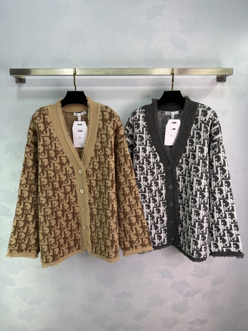 Dior Soft V-Neck Letter Jacquard Open-Front Knitted Cardigan