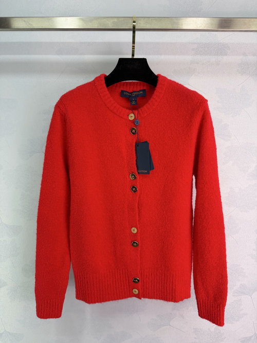 Louis Vuitton Buttoned Knitted Cardigan with Red-Black Color Blocking and Brand Details