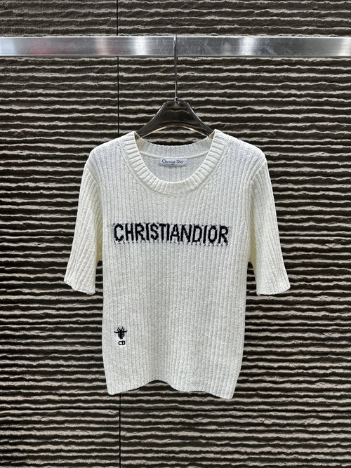 Dior Embroidered Letter Knit Ribbed Short-sleeve Top