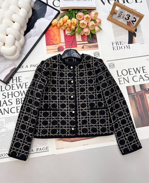 Dior Gold-Threaded Tartan Tweed Coat and Skirt Set with Diamond Buttons