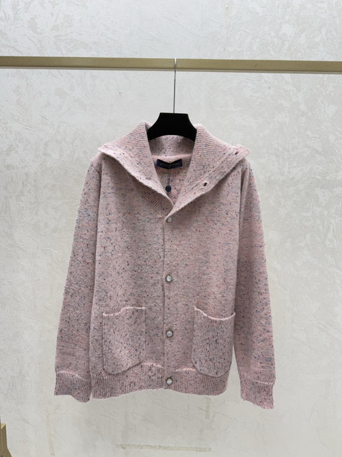 Louis Vuitton Pink Polka Dot Collared Knit Long Sleeve Cardigan
