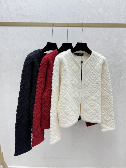 Louis Vuitton White, Red and Black Solid Color Old - fashioned Letter Round Collar Cardigan