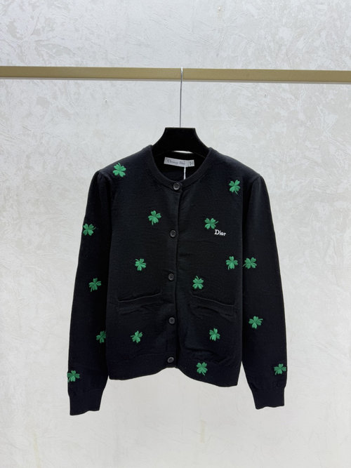 Dior Color-Blocked Black Four-Leaf Clover Round-Neck Knit Long-Sleeve Cardigan
