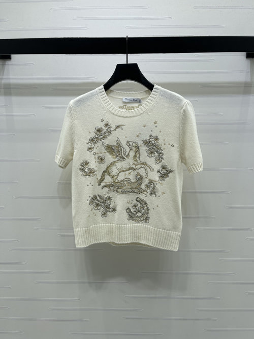 Dior High - Quality Knit Short Sleeve with Flying Horse Embroidery