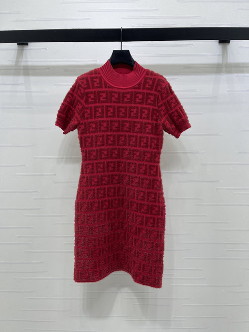 Fendi Elegant Jacquard Knit Short - Sleeve Dress with Marabou